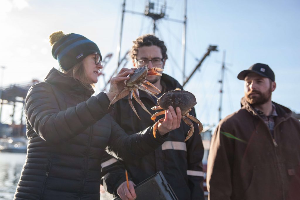 people on fishing boat holding crabs
