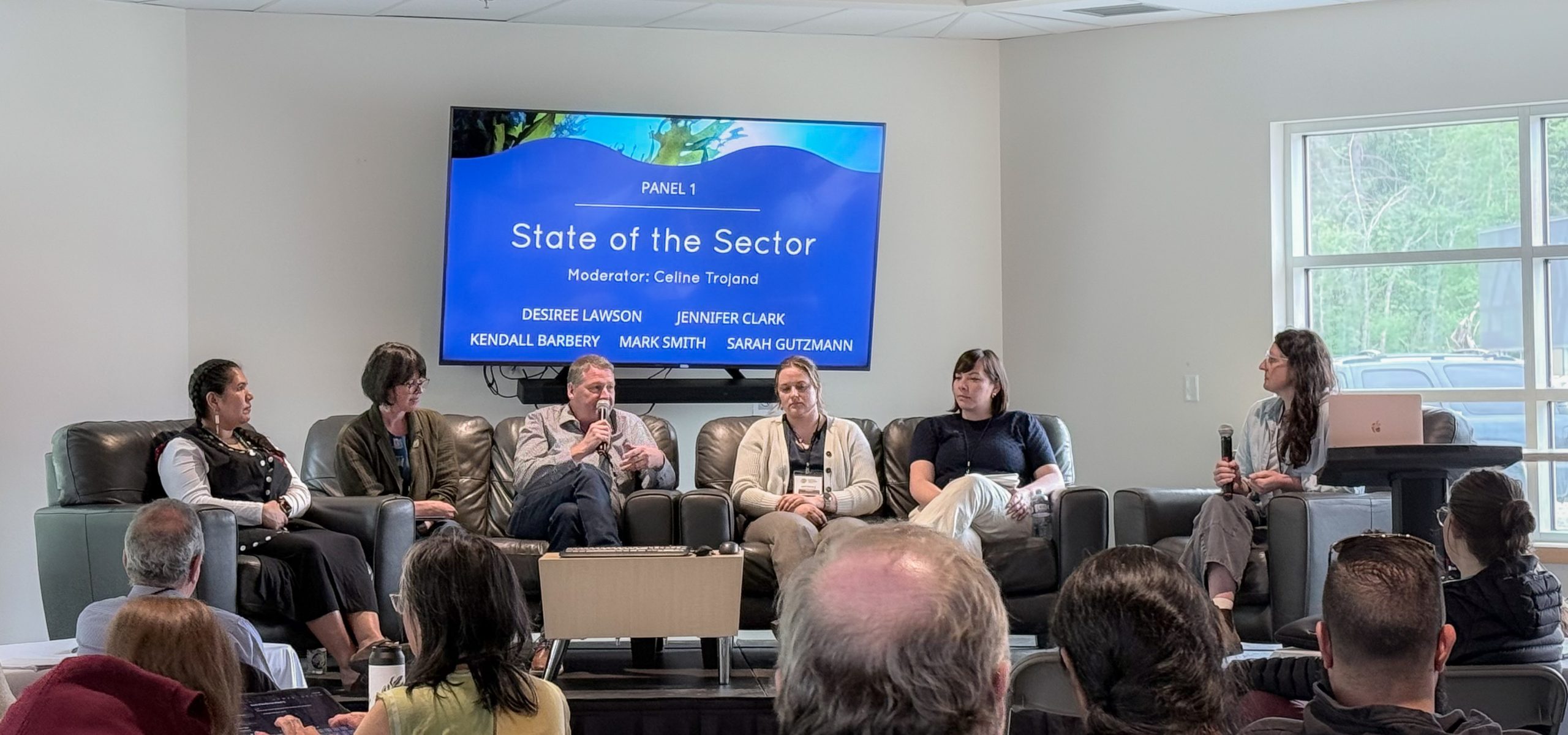 Ecotrust Canada’s Celine Trojand moderates a panel on the State of the Seaweed Sector in Campbell River, May 2026.