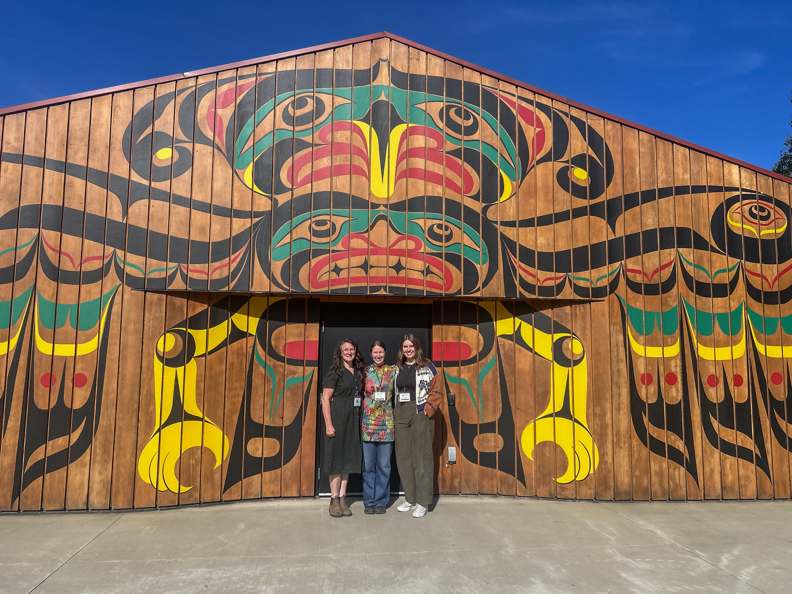 Left to right, Celine Trojand, Jenn Meilleur, and Mary Williams at the Pacific Seaweed Summit, outside the Indigenous Gathering Place at North Island College’s Campbell River campus.