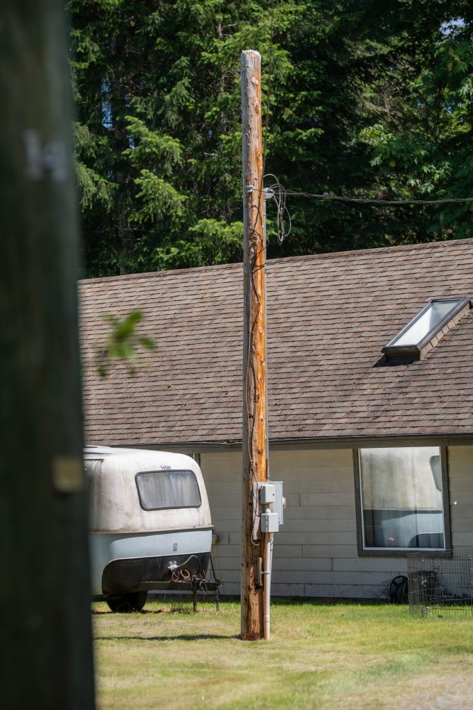 Wooden electricity post on Quadra Island
